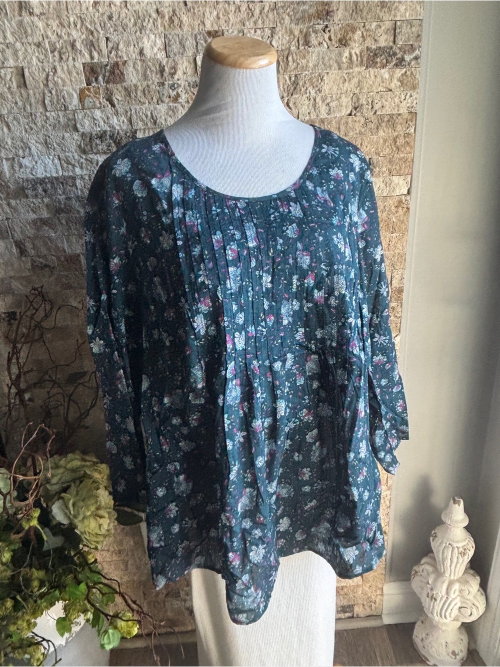 J. Jill Teal Floral Pintuck Peasant Top - Picture 5 of 8